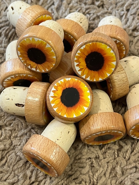 Other - 12 Sunflower Cork Bottle Stoppers - Natural Wood Finish